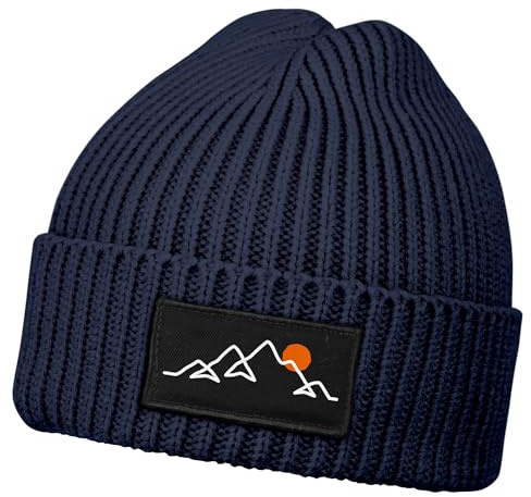 Neverless® Herren Beanie Wintermütze mit Patch Natur Berge Outdoor Aufdruck Print Strickmütze Männer Rippstrick
