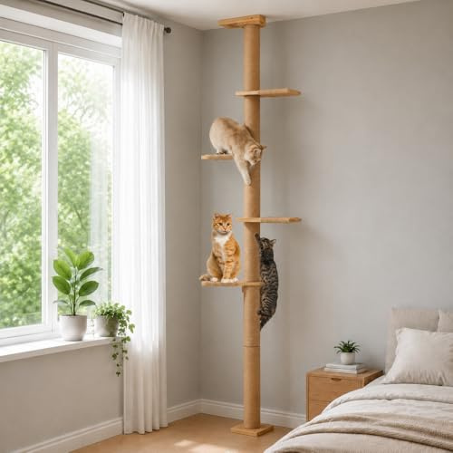 Caossuixin Katzenbaum, 5 Etagen Kratzbaum für Katzen(206 cm), Katzenbaum vom Boden bis zur Decke verstellbar, Stabil Wandmontierter Katzenbau mit Kratzbaum, für Katzen zum Klettern, Kratzen