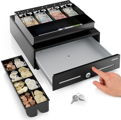 ACROPAQ Kassenschublade - Kassenlade mit Push-Öffnung, Stromlos, 8 Münz- & 4 Geldscheinfächer, Robustes Metallgehäuse, Metallschublade mit entnehmbarem Einsatz, Kompakt (34 x 33 x 10 cm) - Kasse