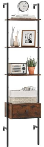 COSTWAY 5-Tier Ladder Shelf with Drawer, Industrial Tall Narrow Wall Bookshelf Open Display Rack, Metal Frame Wall Mounted Bookcase Storage Shelving Unit for Living Room Bedroom Office, 43x30x178cm