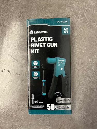 LIBRATON Plastic Rivet Gun Kit, 90 Degree Angle Hand Riveter with 40 Nylon Rivets (4 Sizes), Universal Nosepiece for Automotive/Electronics, Ergonomic & 50% Lighter Force