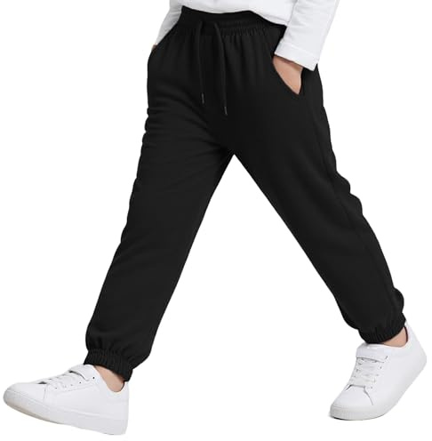 Hoseay Pantalon de Jogging Garçon, Taille Élastique Réglable à Cordon de Serrage avec Poches Survêtement, Confortable Doux Pantalon de Sport pour Enfants École Loisirs 11-12 Ans, Noir