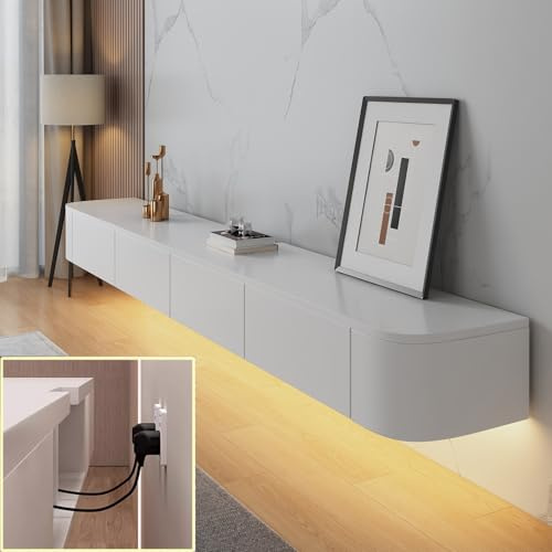 XDXINY TV Media Console Floating TV Cabinet Wall Mounted TV Cabinet Multi Large Storage TV Bench Under TV Lowboard with drawers Router Bracket (White+LED, 140 * 20 * 24CM)