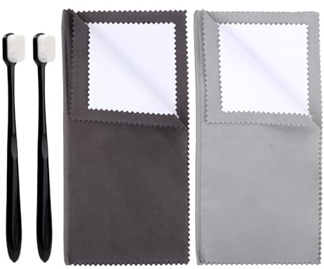 4uds Kit de Limpieza para Joyas Plata, Incluye 2 Cepillos Ultrasuaves y 2 Paños Pulido Ideal para Anillos Cadenas de Oro y Plata Ley Limpieza Sin Rayones
