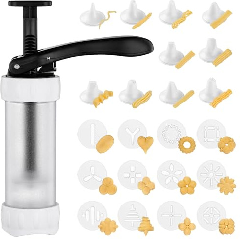 GDL Gebäckpresse, Multifunktionale Spritzgebäck Maschine mit 12 Schablonen und 10 Tüllen, Kekspresse Teigpresse für Churros Kuchen Kekse, DIY Dekorieren von Kuchen und Desserts, Festliches Muss, Weiß