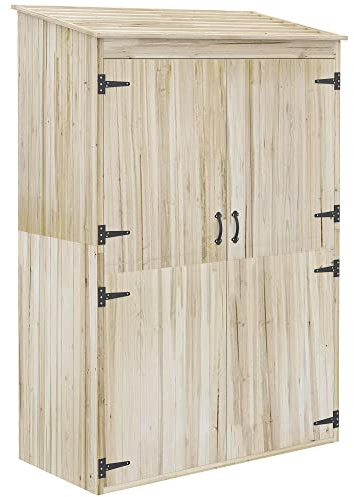 Outsunny Armoire de Jardin en Bois avec 2 étagères, 2 Portes magnétiques, Toit incliné, Compartiment Droit spacieux, Armoire de Rangement 120 x 57 x 183 cm Bois Naturel