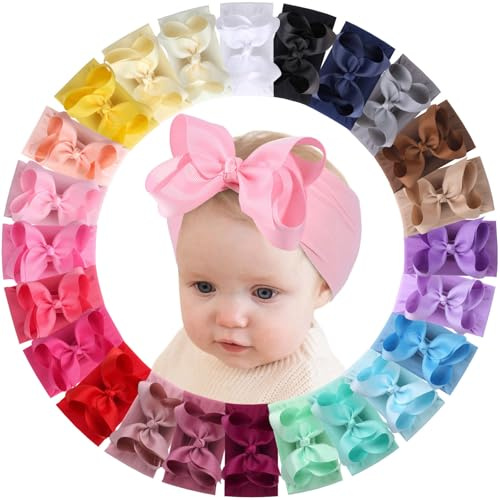 vobobe 24PCS Baby Girls Bows Headbands, Newborn Nylon Hairbands Ribbon Bow Elastic Hair Accessories for Infants Toddlers and Kids