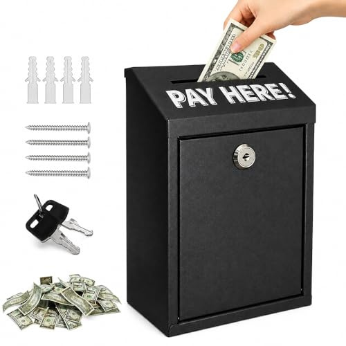 Metall Spendenbox, Wandmontage Abschließbare Box, Vorschlagsbox mit Einwurfschlitzen, Geldkassette mit Schlitz, Metall Spendensammelbox für Zuhause, Büro, Außentür und Geschäft (Schwarz)