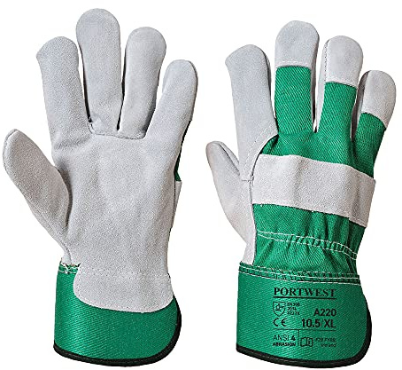 Portwest A220 Chrome Rigger Handske Polybomull Hållbar Andningsbar Bygg | Grön, XL, EN 388 (2222X), EN ISO 21420 Fingerfärdighet 1, Smal Passform, Delat Läder, Polyester, Slitstark, Skärbeständig