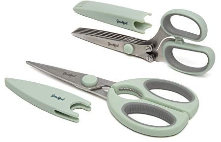 Goodful Utility Kitchen Shear and 5-Blade Herb Shear Set, Premium Stainless Steel Blades with Protective Guards, Comfort Grip Handles, Built-in Herb Shear Cleaning Comb, 2-Piece Set, Sage Green
