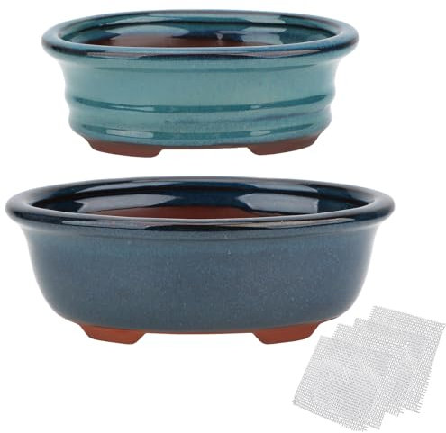 Vaso per bonsai per piante grasse, 14,5 cm e 17,8 cm, set convenienza da 2 + 4 reti di drenaggio morbide