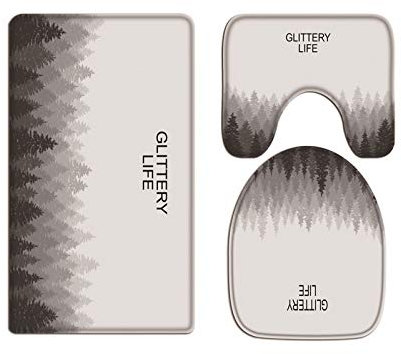 A.Monamour Badezimmer Badematte 3 Teilig Set Graue Schattenbild Natur Landschaft des Kiefernwaldes Flanell WC Toilette Deckel Deckt Bad Matte Teppich Badteppiche Badvorleger Badgarnitur Vorleger