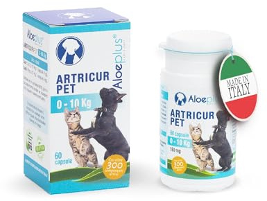 ALOEPLUS Artricur Pet Ergänzungsfuttermittel für Gelenke von Hunden und Katzen 0-10 Kg - 100% natürlich mit Aloe Arborescens BIO, Spirulina, Boswellia und Teufelskralle, stärkt und schützt, 60 Kapseln