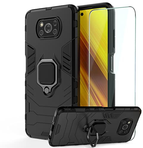 GKK DESCHE Compatible para Funda Xiaomi Poco X3 NFC/Poco X3 Pro, Fundas con Anillo + Cristal Templado, Poco X3 Antigolpes Armor Bumper, Compatible con el Soporte magnético para automóvil - Nero