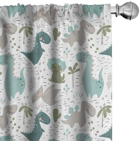 ABAKUHAUS Kindisch Vorhänge, Gardinen, Smiling Baby-Dinosaurier, Fensterbehandlungen für Wohnzimmer Schlafzimmer Dekor, 2 Stück 75 cm b x 225 cm h,Weiß Seafoam schwachgrau