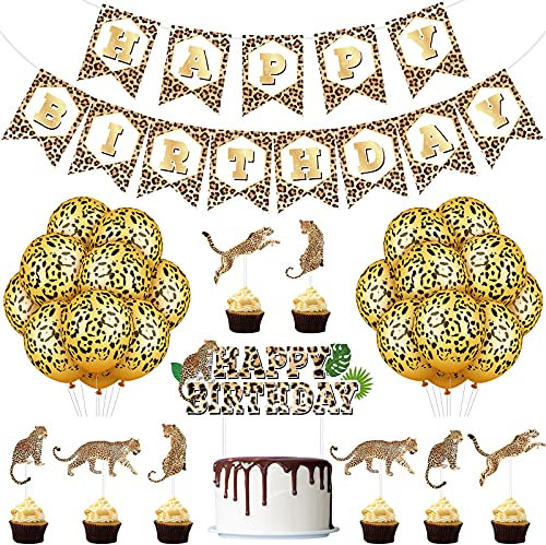 46 Pezzi Banner Leopardo Striscione Ghepardo Palloncini a Tema Ghepardo Topper di Topper Leopardo Topper per Cupcake Leopardo Decorazione della Festa di Compleanno De Leopardo Selvaggio