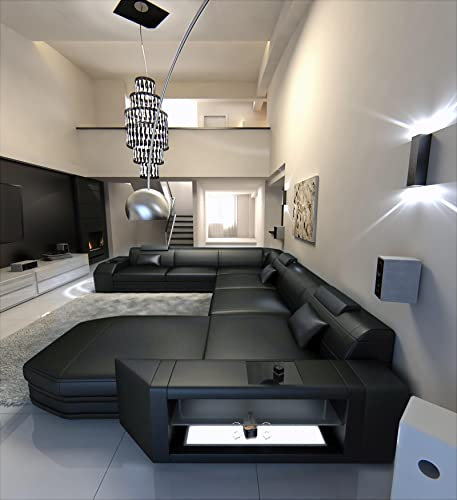 XXL Sofa Wohnlandschaft Prato Ledersofa U Form - mit LED Beleuchtung, verstellbare Kopfstützen, Recamiere/Lederfarben wählbar/Ausrichtung wählbar (Ottomane Links, Black)