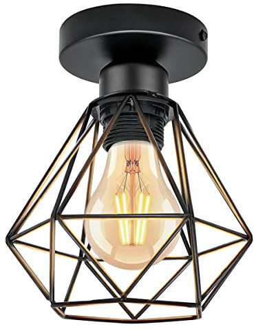 URing Lampadario a sospensione Plafoniera vintage E27, Lampadario Soffitto Industriale Metallo Gabbia ferro, Retro Geometrico illuminazione per soggiorno Corridoio Portico Camera da Letto, Nero, 16cm