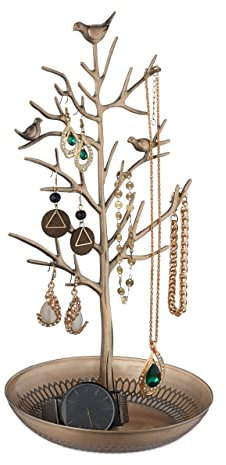 Relaxdays Schmuckständer Baum, Schmuckaufbewahrung Ketten, Ohrringe & Armbänder, HxBxT 30x16x15 cm, Schmuckbaum, gold