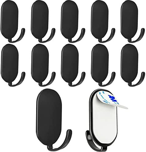 Bosdontek Adhesive Hooks, 12 PCS Stainless Steel Sticky Hook No Drilling, Rustproof Coat Hooks Wall Hooks, Waterproof Stick on Wall Robe Hangers for Bathroom Living Room Kitchen (Black)