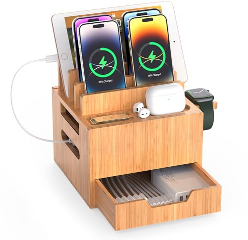 Pezin & Hulin Premium Bamboo Charging Station with Drawer & Watch Stand - XL Multi-Device Organizer for Phone and Watch Organizer (Includes Charging Cable) - Natural Desktop Dock