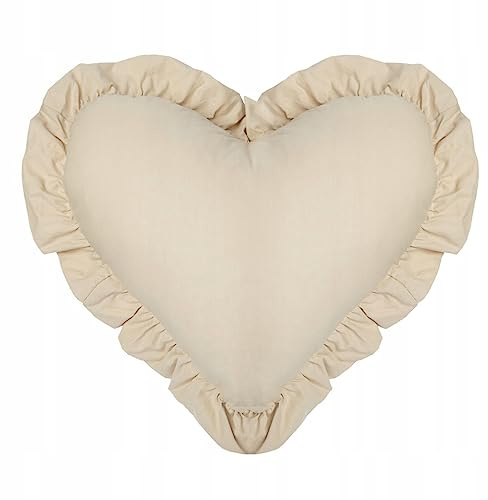 PIMKO Herzkissen mit Rüsche Volant Zierkissen, Rüschenkissen Kissen Dekokissen, Sofakissen mit Kissenbezug und Füllung 45 x 50 (Beige)