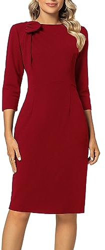 MINTLIMIT Women Sheath Dress 3/4 Sleeve Bow Neck Wear to Work Pencil Dresses Red