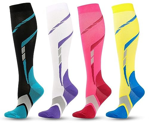 4 Paare Kompressions Strümpfe,Rutschfeste Atmungsaktive Elastische Sport Kniestrümpfe Bunte Kompressions Socken Stützstrümpfe Geeignet Für Bergsteigen, Sport, Radfahren, Dekoration, Pflege Usw. S/M