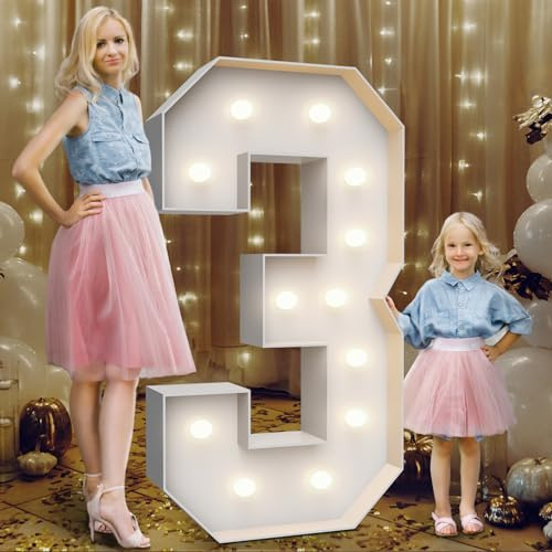 Teebloom 4FT Marquee Light Up Numbers 3,Party Decoration Large Marquee Light Up Letters with Weighted Water Bag,Pre-cut Foam Board Set Can Be Used for Birthdays,Weddings,Baby Anniversaries