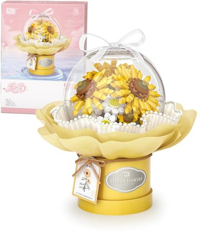 MEIEST Blumenstrauß-Baustein-Set, künstliche Blume mit staubdichter Kuppel für Valentinstag, Bonsai-Pflanze, Bausteine, Spielzeug und Heimdekoration (Sonnenblume)