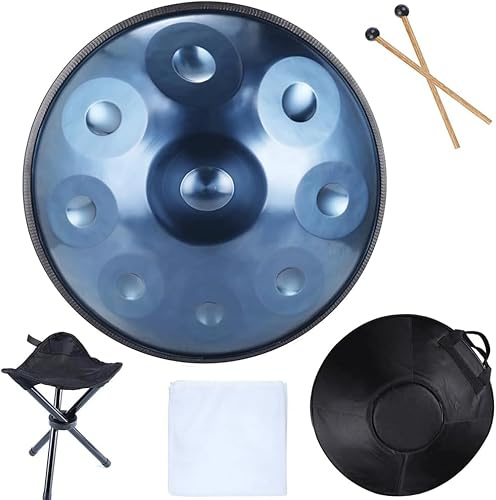Handpan-Trommel-Sets, D-Dur 22 Zoll 9 Noten Stahl-Handtrommel mit weicher Tasche, 2 Handpan-Schlägern, Staubtuch, Handpan-Ständer, blau