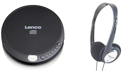 Lenco CD-010 - Tragbarer CD-Player Walkman - Diskman - CD Walkman - Mit Kopfhörern und Micro USB Ladekabel - Schwarz & Panasonic HT030 Kabelgebundene ergonomische und Faltbare Kopfhörer