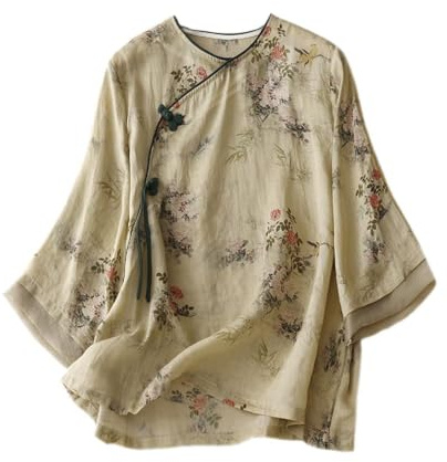 Chemisier chinois à manches 3/4 pour femme - Col mandarin traditionnel - Ethnique - Coton et lin - Qipao