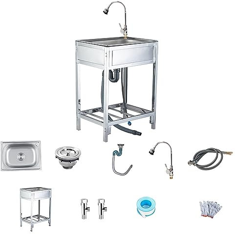 DIIDIIFF Edelstahl-Waschbecken, Restaurantspüle, freistehendes Waschbecken mit Vollstahlablauf, Warm- und Kaltwasserhahn, Edelstahlhalterung, geeignet für Küche, Restaurant, Hotel, Werkstatt, Garten