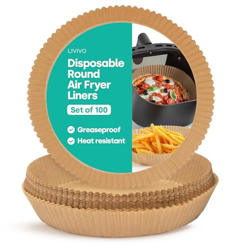 Livivo Disposable Round Air Fryer Liners - Disposable, Greaseproof, Heat Resistant to 220°C, Food Grade LFGB Standard - Pack of 100