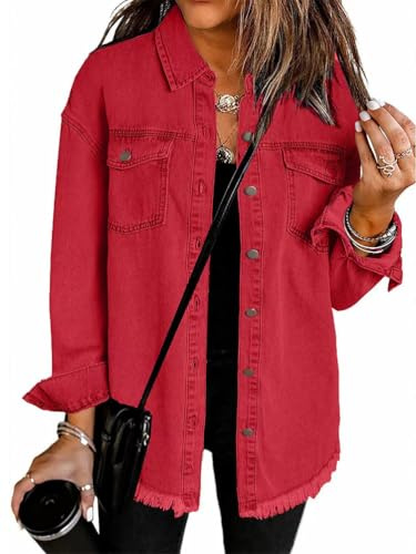 seiveini Giacca Donna Oversized a Maniche Lunghe con Tasche Denim Camicia Jeans Jacket Casual A Rosso L