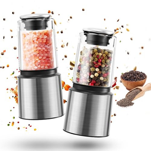 Euqvunn Molinillo Pimienta, Manual de Salero y Pimentero de 60 ml con Molinillo de Cerámica, Tapa Selladora y Cuerpo de Plástico, Molinillo Sal Corto de Acero Inoxidable Plateado, 2 Unidades