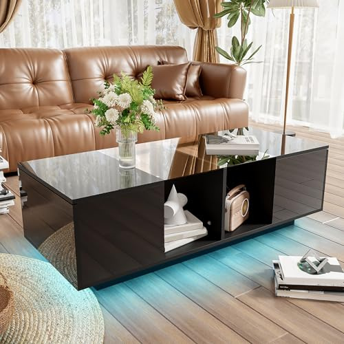 Merax Couchtisch, LED Wohnzimmertisch mit Stauraum, Hochglanz Tisch mit Glasablage, Modern Sofatisch mit Zwei Türen, 120L x 50B x 38,5H cm, Schwarz