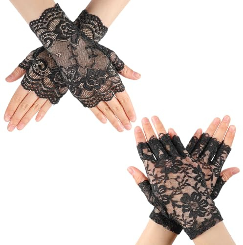 oruola 2 pares de guantes de encaje sin dedos para mujer, guantes cortos de encaje negro sin dedos para bodas, fiestas de té, cosplay, disfraces, ópera, baile de noche, guantes de cordones de los años