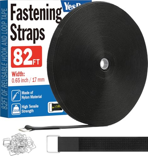 0.65 x82ft Hook and Loop Straps with 40 Metal Buckles, Adjustable Fastening Cinch Straps, Cut to Length Cable Straps, Reusable Nylon Straps 0.65 Inch Wide for Organizer or Storage, Black