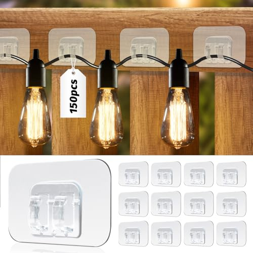 KAMJUNTAR Kabelhalter Selbstklebend Transparent 150 Stück Kabel Organizer Kabelclips Selbstklebend Outdoor Kabelklemmen Kabelführung Kabel Haken Draht Halter für Kabelmanagement Lichterkette