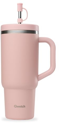 QWETCH - Travel Cup 900ml avec Paille & Anse - 48h Glacé / 12h Froid - Gourde Isotherme Inox Recyclé - Mug avec Bouchon à Vis Anti-Éclaboussures - Tasse Thermo - Rose Pastel