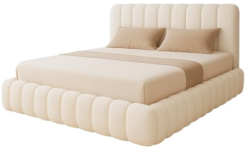Luxury Cloud Teddy Boucle Ottoman Storage Bed Frame, Double Size, Panel Headboard, Modern Style, Upholstered Fabric (Cream, 5ft king size)