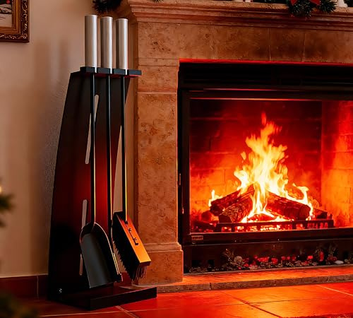Kingson 4-Piece Fireplace Tool Set with Stainless Steel Handles – Modern Fireside Companion Set with Stand – 54.5cm Height