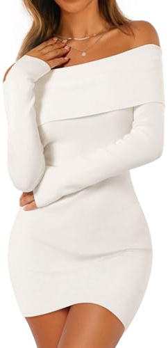 MEROKEETY Women's Sexy Off Shoulder Sweater Dress 2026 Winter Spring Long Sleeve Bodycon Club Night Out Mini Dresses, White, Medium