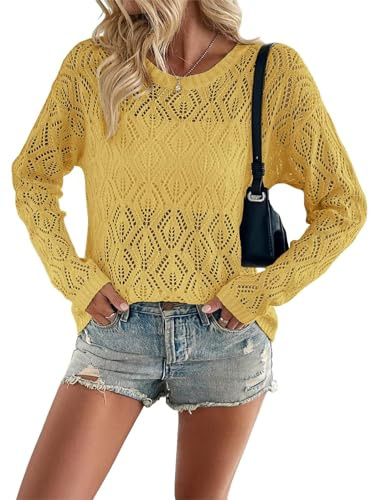Allimy Damen-Sommerpullover mit Rundhalsausschnitt, gehäkelt, leicht, gestrickt, für Damen, trendiges Herbstoutfit 2025, gelb, Groß