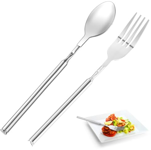 2 st utdragbar gaffel och sked i rostfritt stål, rostfri teleskopisk lång gaffel utdragbar sked, robust utdragbar servis förlängs till 25 tum för grill frukt efterrättsmiddag
