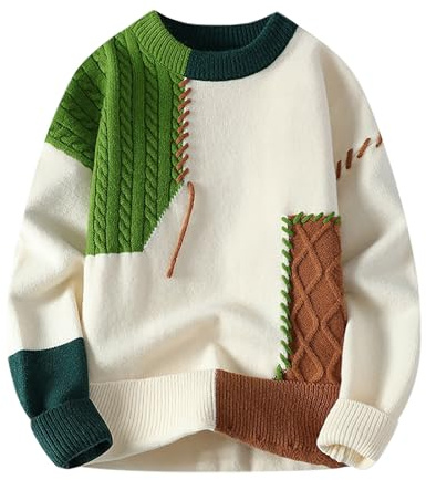 Generisch Jersey de patchwork para hombre Jersey Colorblock Jersey de punto trenzado Talla grande Jersey de punto de invierno Jersey de punto grueso Sudadera de punto cálida Corte ajustado Sin capucha
