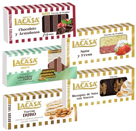 Pack Surtido 5 Turrones Lacasa:Mazapán de Nata con Nueces, Chocolate y Arándanos, Nata y Fresa, Duro, Chocolate estilo Dubai con Pistacho y Kataifi