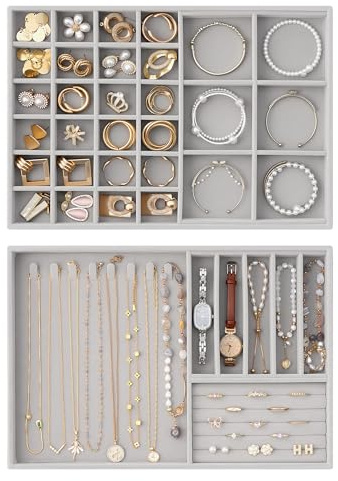 Lolalet Insertos para Cajón de Joyas, Bandejas Apilables de Terciopelo, Juego de Organizadores y Expositores para Collares, Pulseras, Aretes, Anillos, Cadenas, Brazaletes, Relojes - Gris, Juego de 2